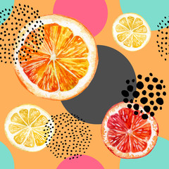 Aquarelle fraîche orange, pamplemousse et modèle sans couture de cercles colorés.