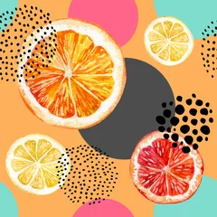 Behang Aquarel fruit Aquarel verse sinaasappel, grapefruit en kleurrijke cirkels naadloze patroon.