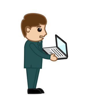Cartoon Businessman Holding Laptop