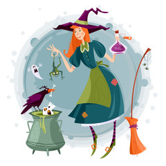 Little witch preparing a magic potion in a cauldron. Happy halloween.