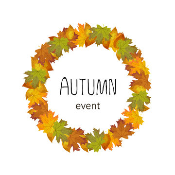 Square autumn banner composition on white background. Wreath of autumn leaves lined in a circle with place for text, isolated