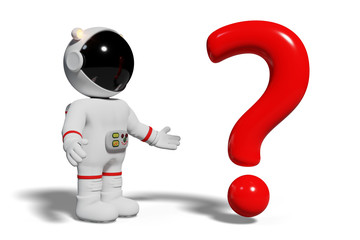 astronaut, 3d cartoon character person in front of a red question mark 