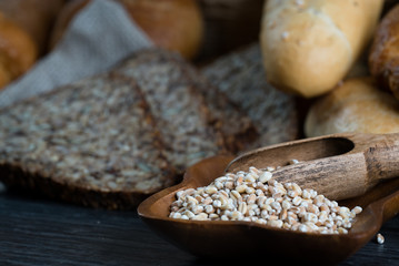 Different bread and bread slices. Food background.