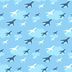 Naklejka premium Seamless pattern with airplanes on sky background vector illustration