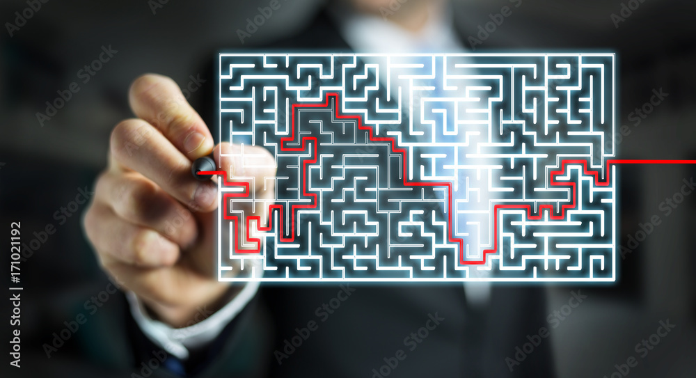 Poster Businessman searching solution of a complicated maze