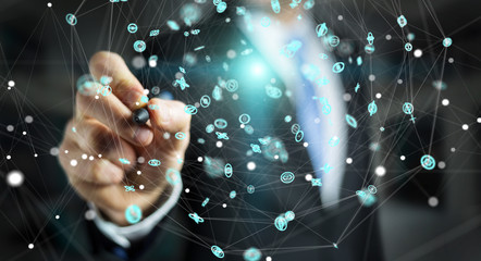 Fototapeta premium Businessman using flying network connection interface 3D rendering