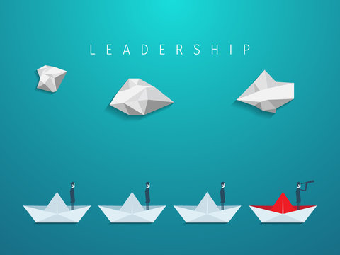 Businessman with monocular on paper boat as a symbol of business leadership. Visionary leading team, teamwork concept. Leadership concept. First place. Business success. Vector origami.