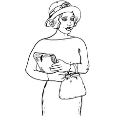 Naklejka premium Young woman with curly hair, hat, handbag, book. Pretty vintage character in style of early 20th century for cards, design, advertising, banners, shop. Notebook with notes, bookmark. Editor, writer.