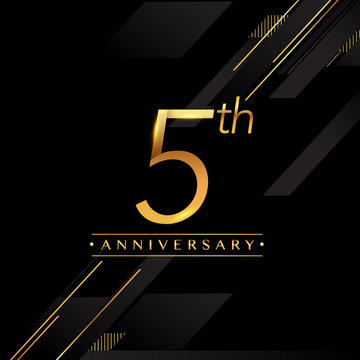 five years anniversary celebration logotype. 5th anniversary logo golden colored isolated on black background, vector design for greeting card and invitation card.