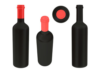 Black Wine Bottle Packaging with Red Cap Mockup   for Design Project - Mock Up 3D illustration Isolate on White Background
