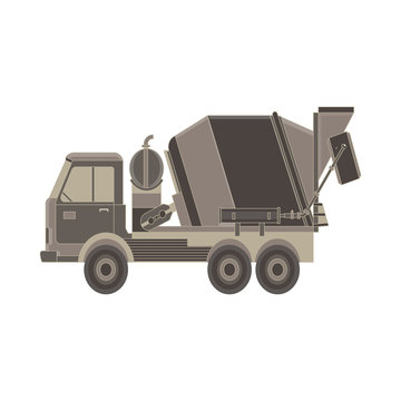 Concrete mixer icon. Truck with special equipment. Isolated on white background. Construction machinery. Flat style