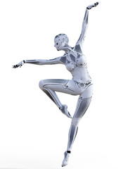 Dancing robot woman. White metal droid. Artificial Intelligence. Conceptual fashion art. Realistic 3D render illustration. Studio, isolate, high key.