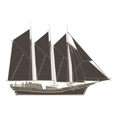 Vector pirate ship flat icon isolated. Boat side view black illustration galleon vintage retro.
