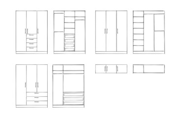 2d sketch. Wardrobe design collection isolated on white background. Furniture design. Simple, line, graphic, illustrator. Home Interior Design Software Programs.Project management.