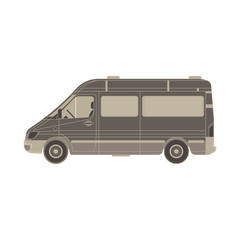 Vector van flat icon isolated. Vehicle side view truck illustration. Auto automobile black blank branding bus car cargo commercial.Deliver empty hippie service minivan template. Transport truck travel