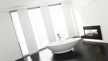 Freistehende Badewanne in Badezimmer mit Kamin