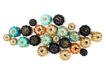 Colorful pumpkins collection. Flat lay, top view trendy holiday concept.