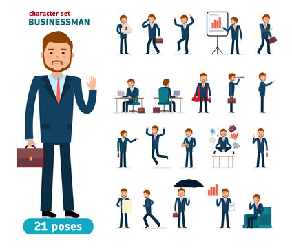 Ready to use character creation set. Businessman. Different poses and emotions, running, standing, sitting, walking. Full length, front, rear view isolated white background. Cartoon flat style