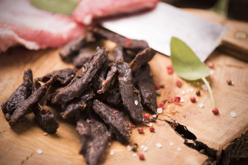 Beef Jerky on wooden background