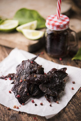 Beef Jerky on wooden background
