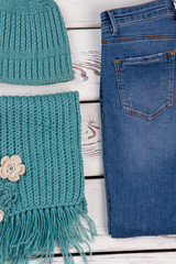 Jeans, knitted scarf and hat