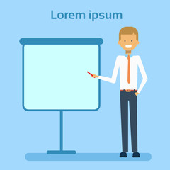 Businessman Pointing To Empty White Board, Showing An Copy Space, Business Man Presentation Or Conference Concept Flat Vector Illustration