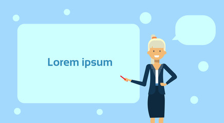 Businesswoman Pointing To Empty White Board, Showing An Copy Space, Business Woman Presentation Or Conference Concept Flat Vector Illustration