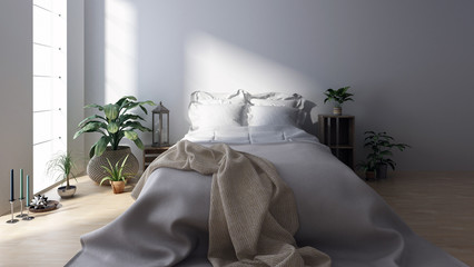 Modernes helles Schlafzimmer mit Bett. Skandinavischer Stil