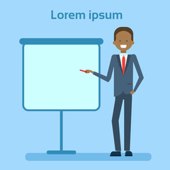African American Businessman Pointing To Empty White Board, Showing An Copy Space, Business Man Presentation Or Conference Concept Flat Vector Illustration