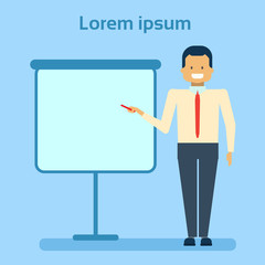 Businessman Pointing To Empty White Board, Showing An Copy Space, Business Man Presentation Or Conference Concept Flat Vector Illustration