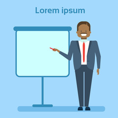 African American Businessman Pointing To Empty White Board, Showing An Copy Space, Business Man Presentation Or Conference Concept Flat Vector Illustration