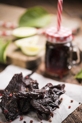 Beef Jerky on wooden background