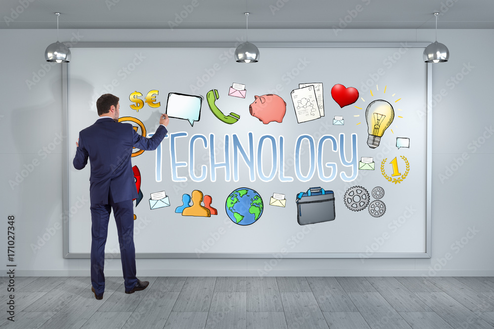 Poster businessman drawing technology sketch on a board 3d rendering
