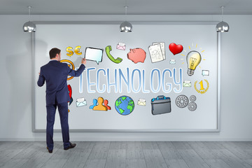 Fototapeta premium Businessman drawing technology sketch on a board 3D rendering
