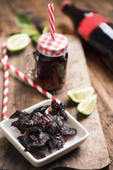 Beef Jerky on wooden background