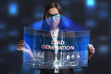 The concept of business, technology, the Internet and the network. A young entrepreneur working on a virtual screen of the future and sees the inscription: Lead generation