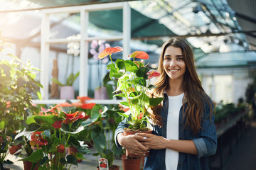 Young florist or gardener holding an anthurium flower for sale looking at camera smiling