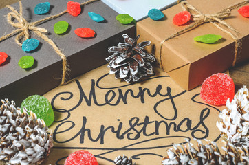 Boxes with gifts, cones, text 