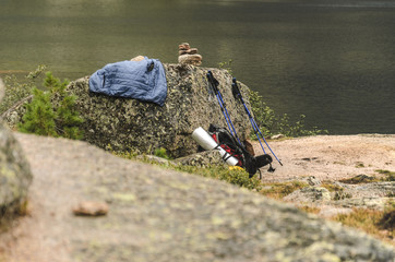 Foggy and cloudy landscape, Tourist equipments.  National Park Ergaki, Siberia, Russia