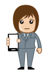 Cartoon Saleswoman Showing Mobile