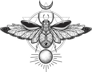 Beetle bug tattoo drawing. Scarab bug illustration on sacred geometry - obrazy, fototapety, plakaty