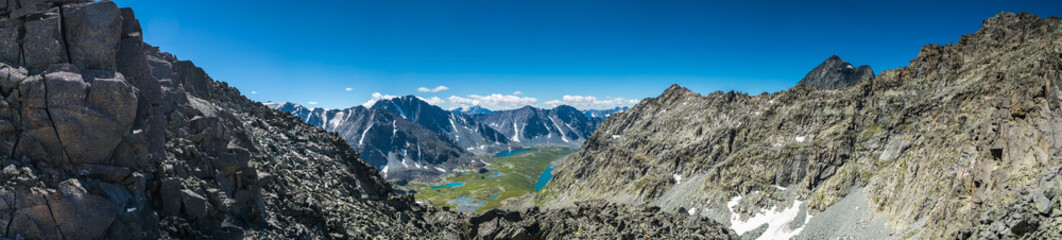 Panoramic view on mountain range with valley, mountain lakes and river, national park in Altai republic, Siberia, Russia