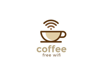 Coffee cup Cafe with free wifi Logo design vector Linear style