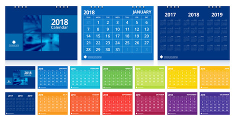 Calendar 2018 week start on Sunday. Desk calendar for corporate business design colorful layout template set 12 months, front cover and back cover. Vector EPS-10 sample image with Gradient Mesh.