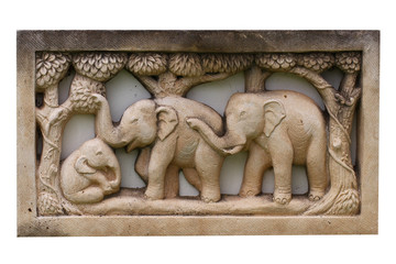 large wooden of parent elephants and kid painted with brown color, carved in wood isolated on white backgrounds, most attractive souvenir for tourism from Thailand, Home made crafting