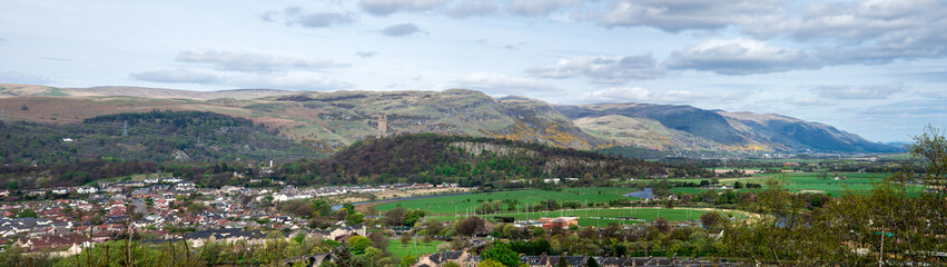 Fototapeta na wymiar Panoramic landscape view of the city and highlands from Stirling Castle walls