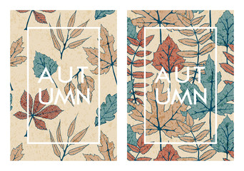vector set with two autumn cards with hand drawn colorful tree leaves. template design for cards, covers, packaging