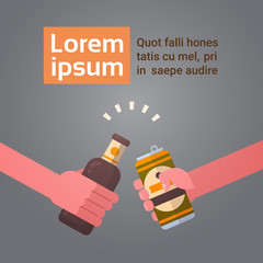 People Hands Clinking Beer Bottle And Can Cheering Party Celebration Festival Concept Flat Vector Illustration