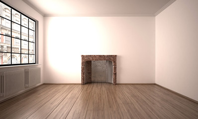 Leeres helles Zimmer mit Kamin