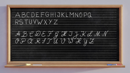 Fototapeta na wymiar 3D render of a blackboard with Alphabet lettering